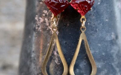 Vintage Red Glass & Brass Earrings