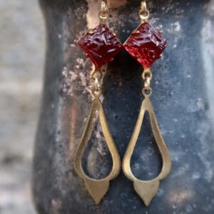 Vintage Red Glass & Brass Earrings